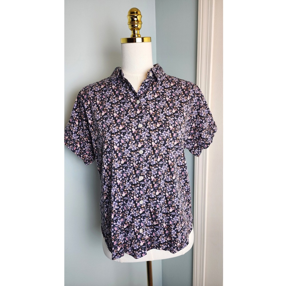 Universal Thread Button Down Womens Small Navy Floral Short Sleeve Cotton Shirt